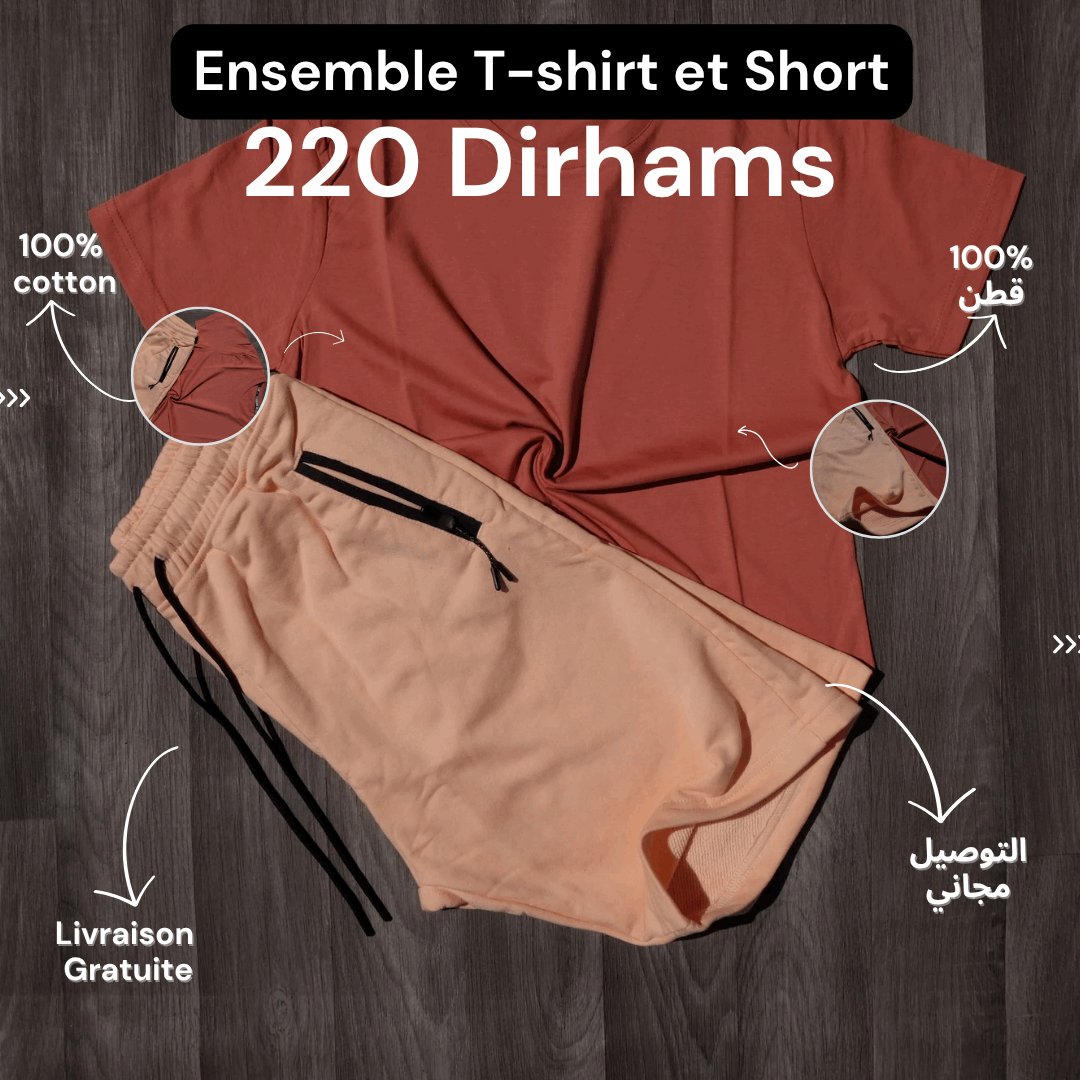 Ensemble T-Shirt Orange Froncé et Short Rose Foncé