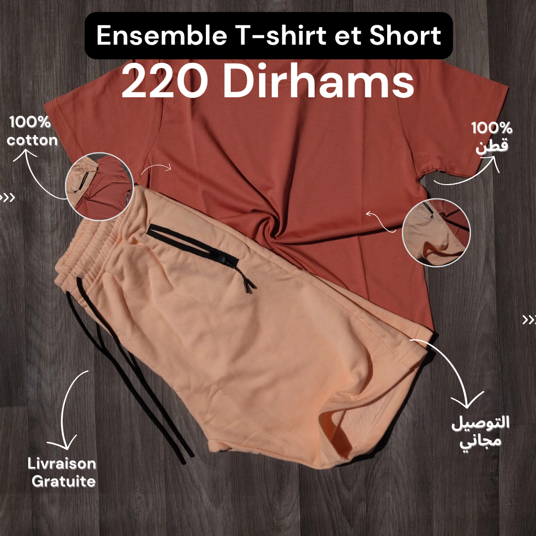 Ensemble T-Shirt Orange Froncé et Short Rose Foncé