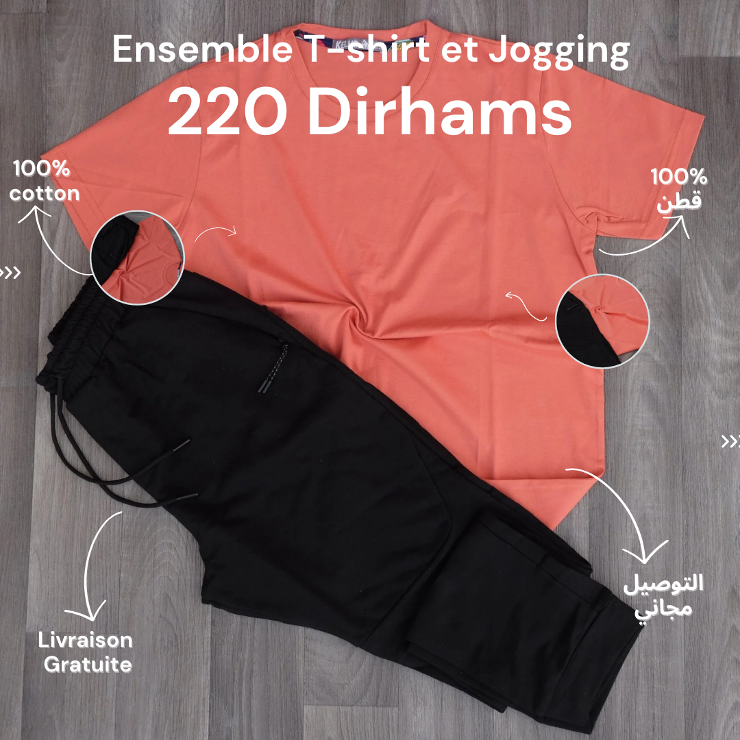 Ensemble Jogging Noir et T-Shirt Saumon Foncé