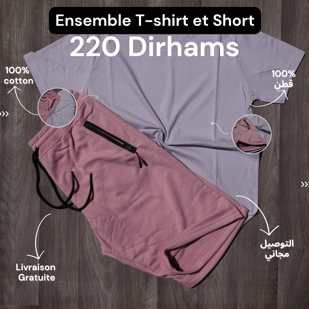 Ensemble T-Shirt Mauve Clair et Short Rose Foncé