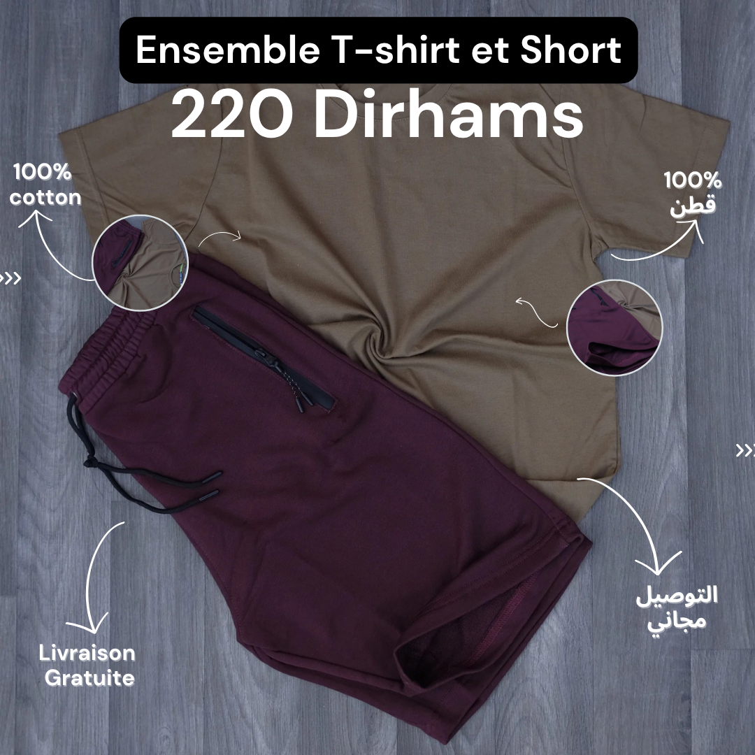 Ensemble T-Shirt Marron et Short Grenat