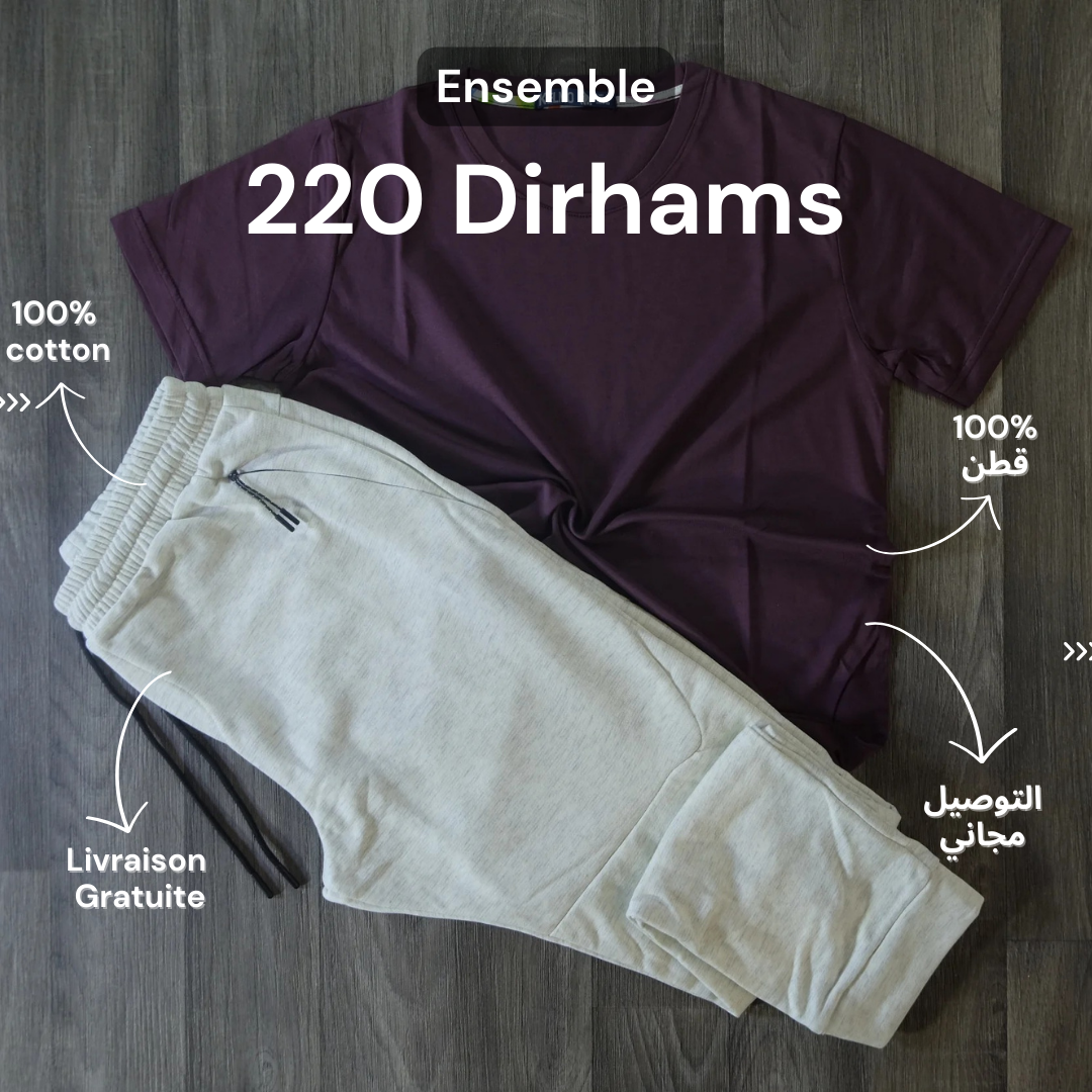 Ensemble T-shirt Grenat et Jogging Gris Clair