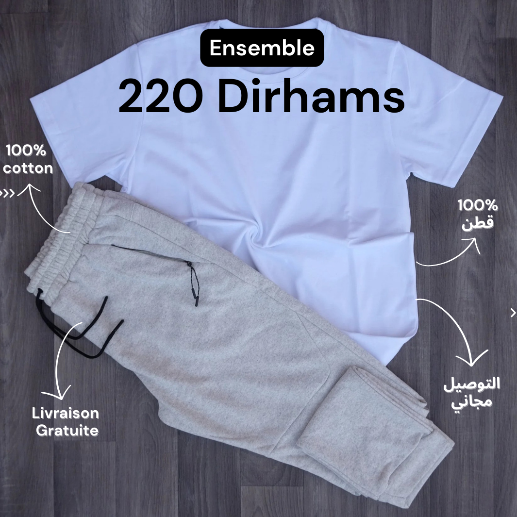 Ensemble T-shirt Blanc et Jogging Gris Chiné Clair