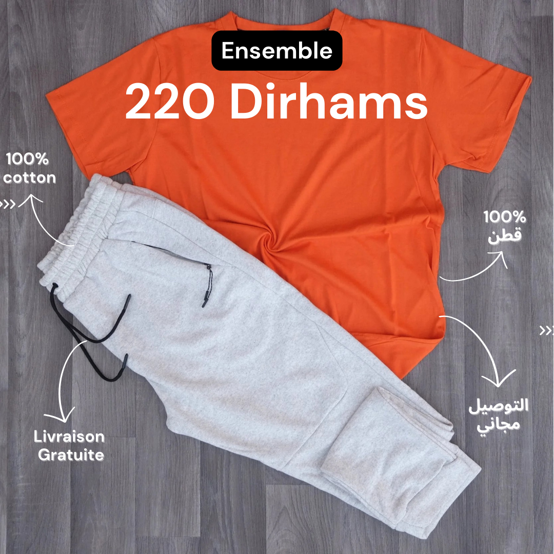 Ensemble T-shirt Orange et Jogging Gris Chiné Clair