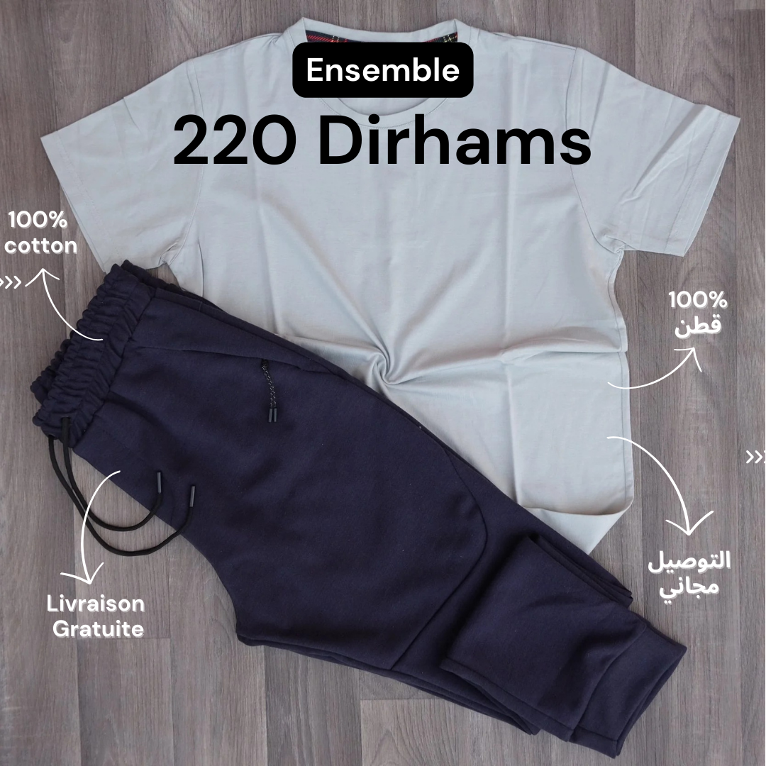 Ensemble T-shirt Gris Clair et Jogging Bleu Marine