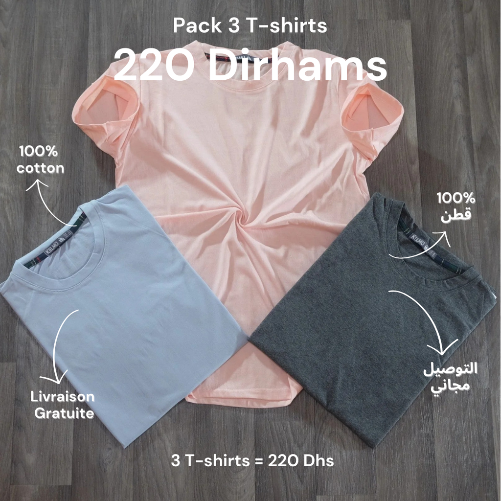 Pack 3 T-Shirt Gris Clair et Gris Chine Fonce et Saumon