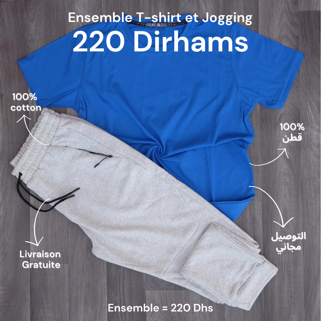 Ensemble T-shirt Bleu Roi et Jogging Gris Chiné Clair