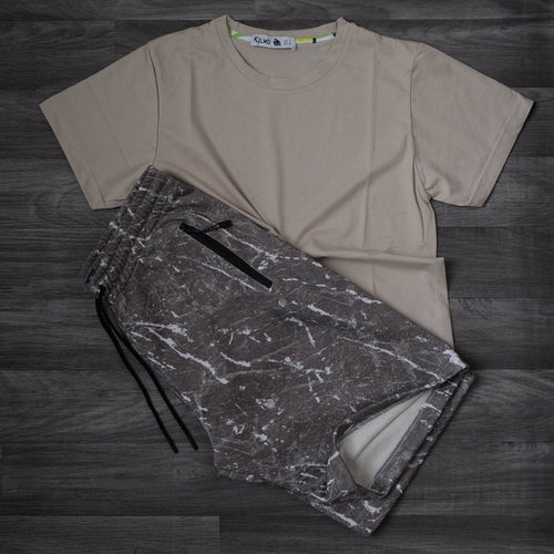 Ensemble T-shirt Beige Sable et Short Imprimé Marbre Gris