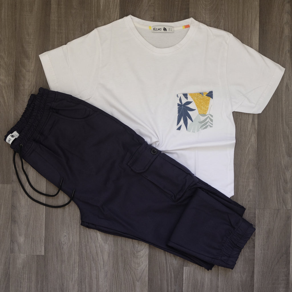Ensemble T-shirt Blanc Hawaï et Cargo Bleu Marine