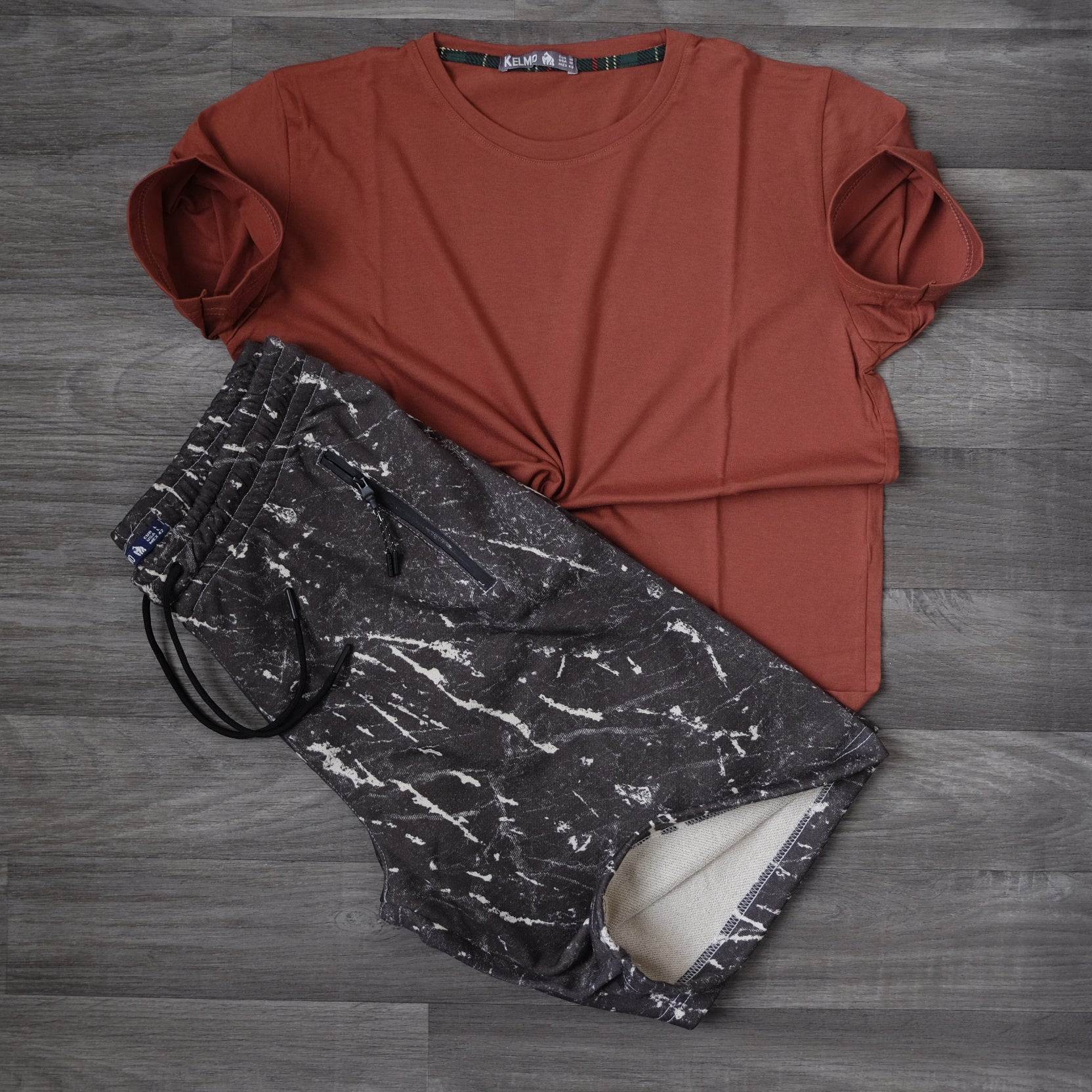 Ensemble T-shirt Rouille/Terracotta et Short Imprimé Marbre Noir