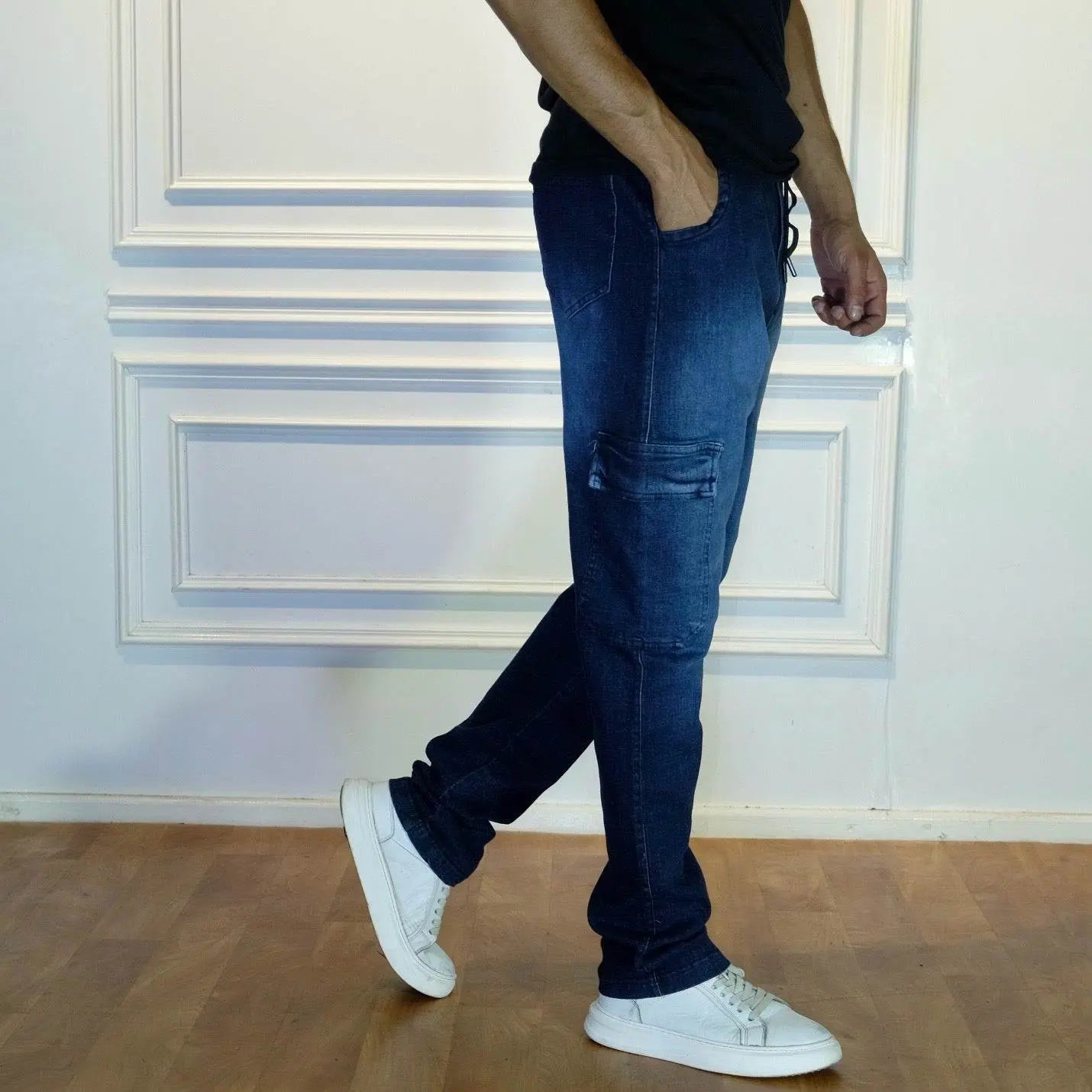 Pantalon Jean Cargo Délavé Bleu Straight