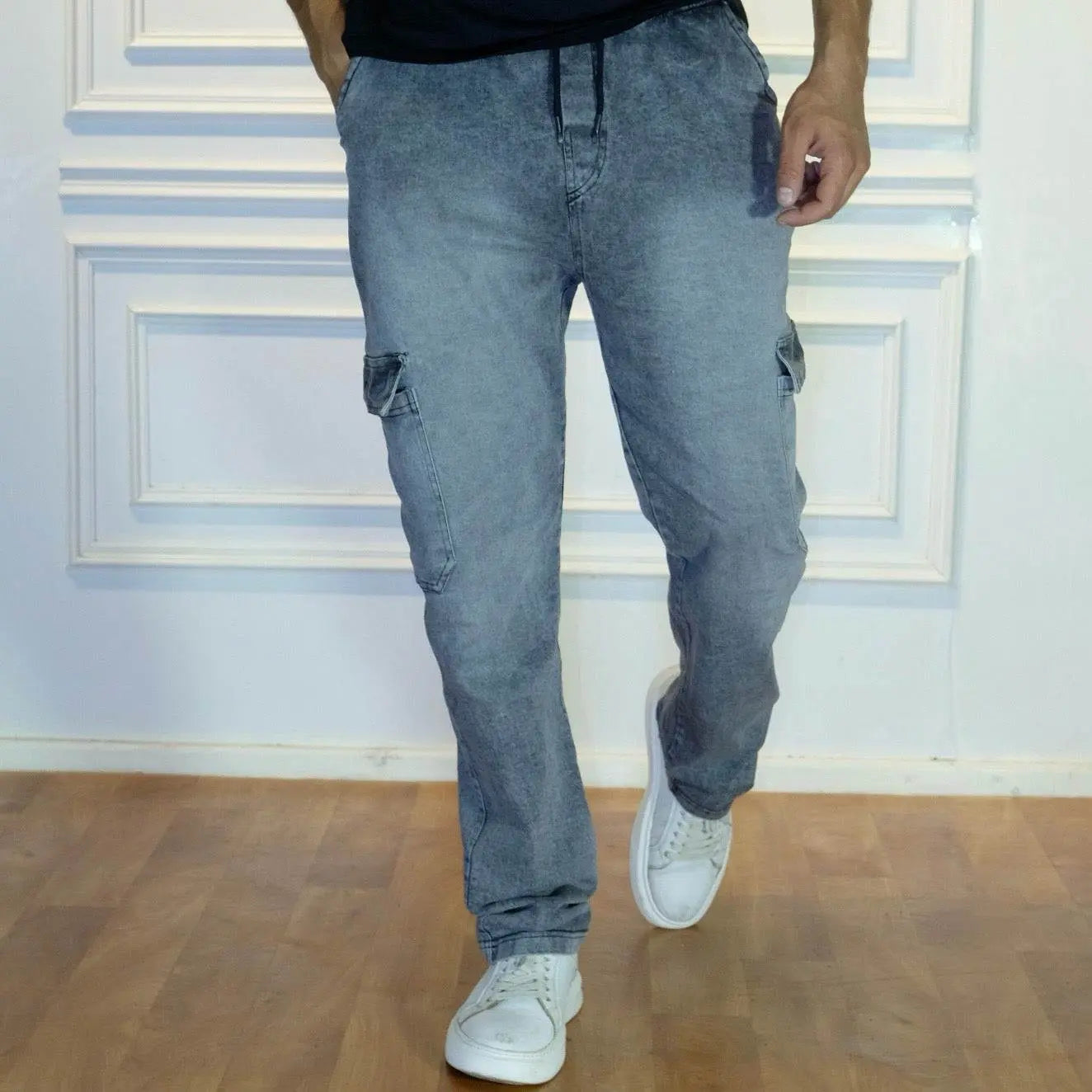 Pantalon Jean Cargo Délavé Gris Straight