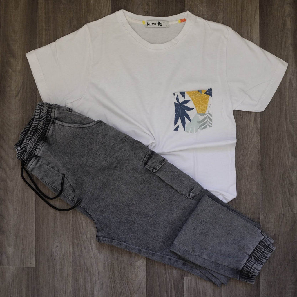 Ensemble T-shirt Blanc Hawaï et Jean Gris Délavé