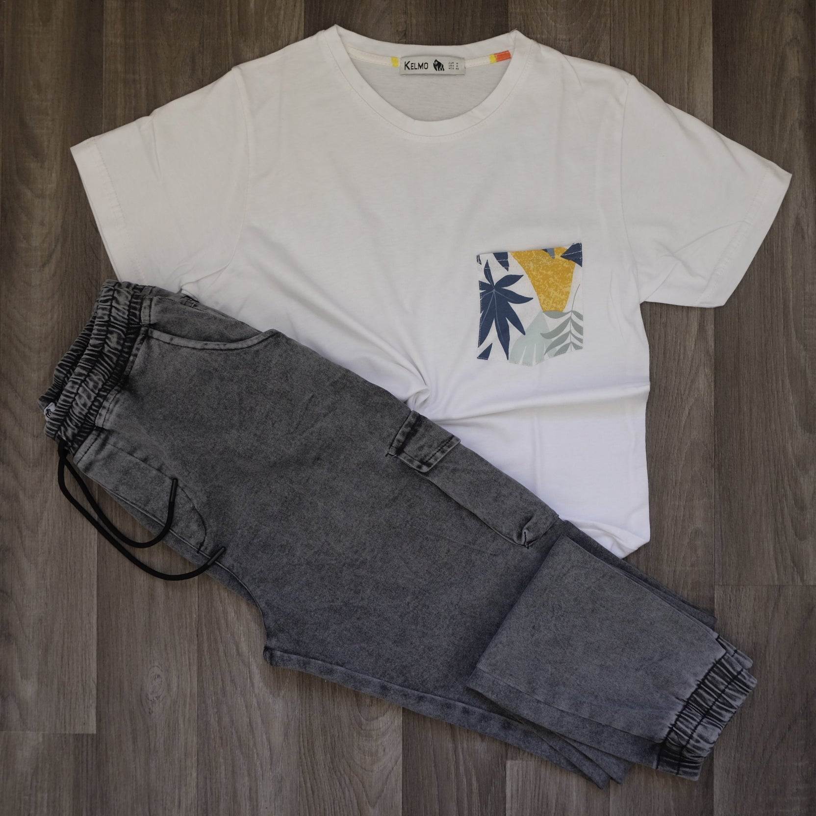 Ensemble T-shirt Blanc Hawaï et Jean Gris Délavé