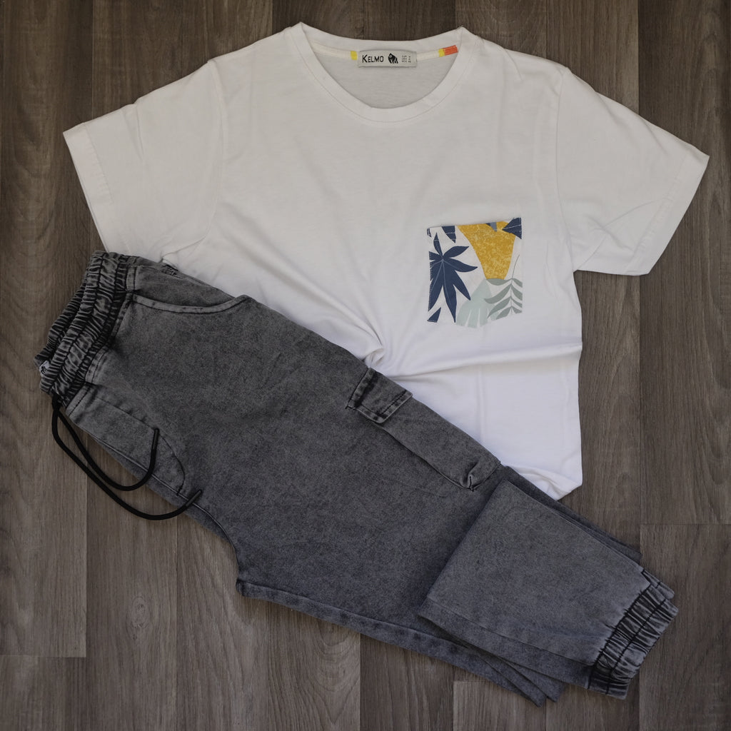 Ensemble T-shirt Blanc Hawaï et Jean Gris Délavé