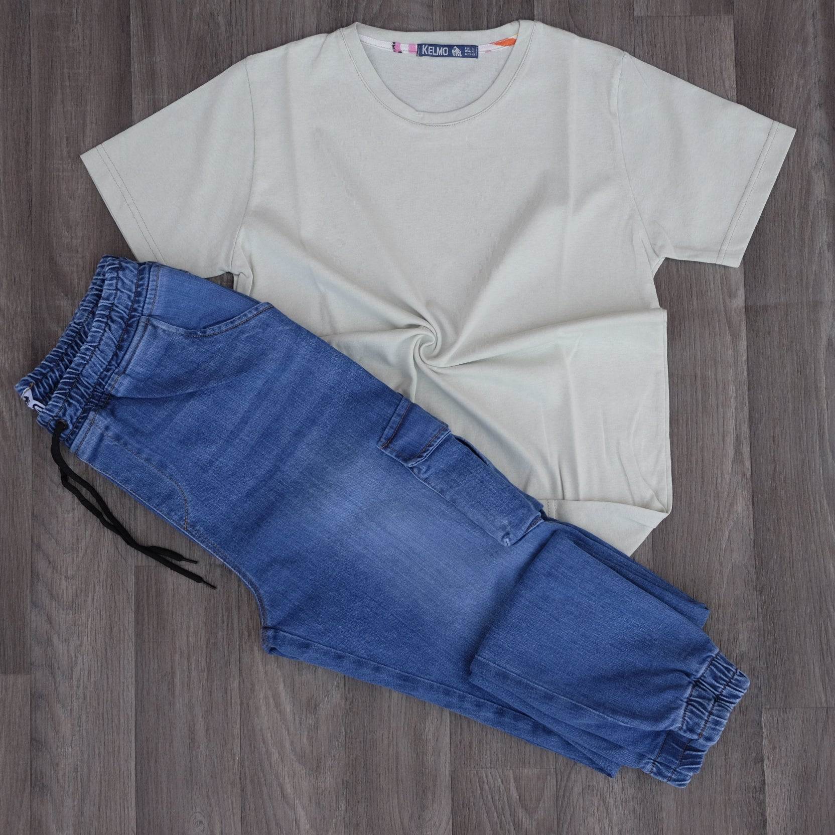 Ensemble T-shirt Beige et Jean Bleu Délavé