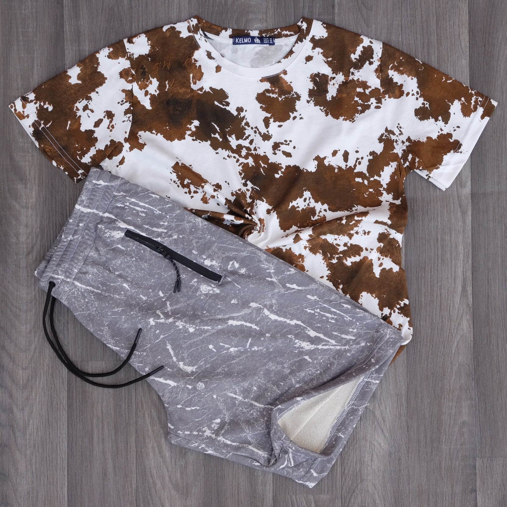Ensemble T-shirt Imprimé Blanc/Marron et Short Imprimé Marbre Gris