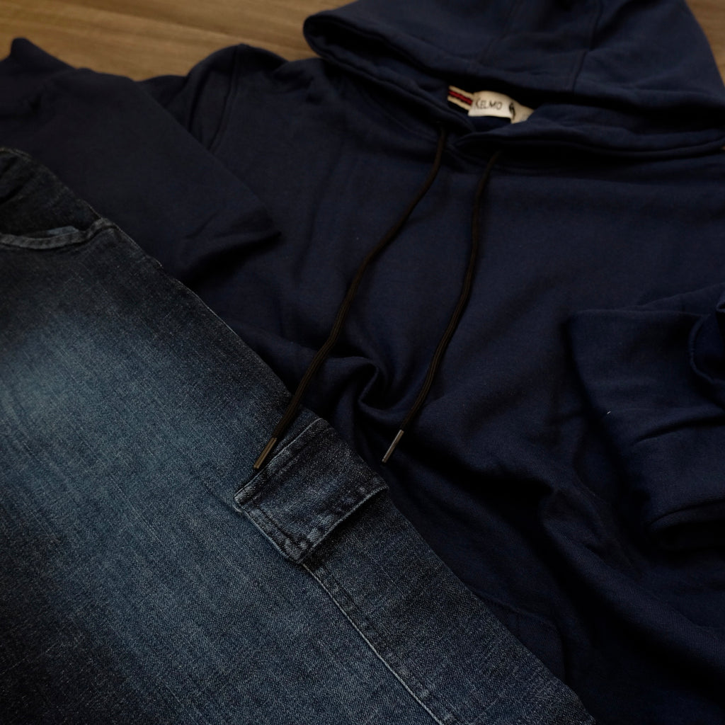 Ensemble Cargo Jeans Délavé Bleu Straight + Capuche Cotton Bleu Marine
