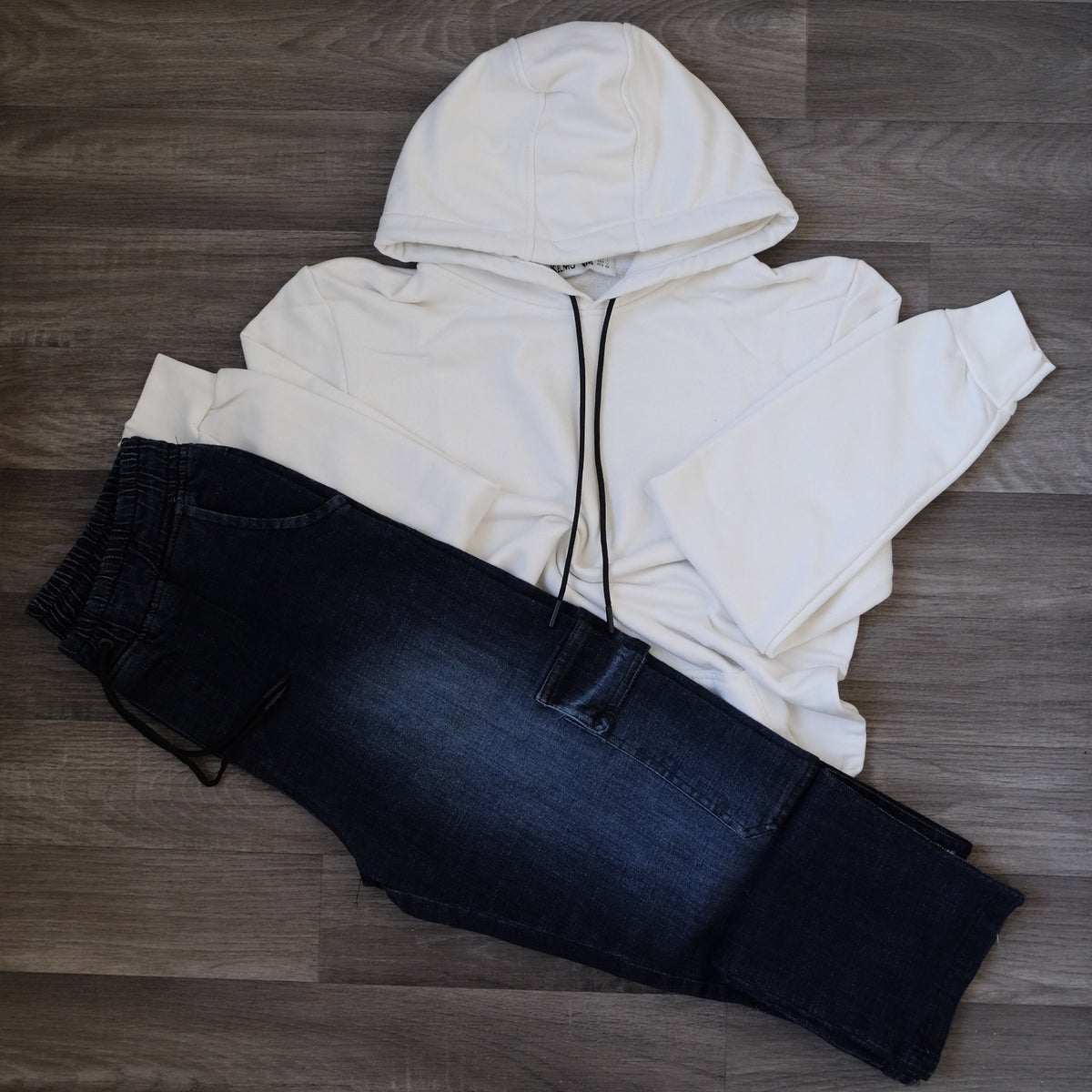 Ensemble Cargo Jeans Droit Bleu + Capuche Cotton Blanc