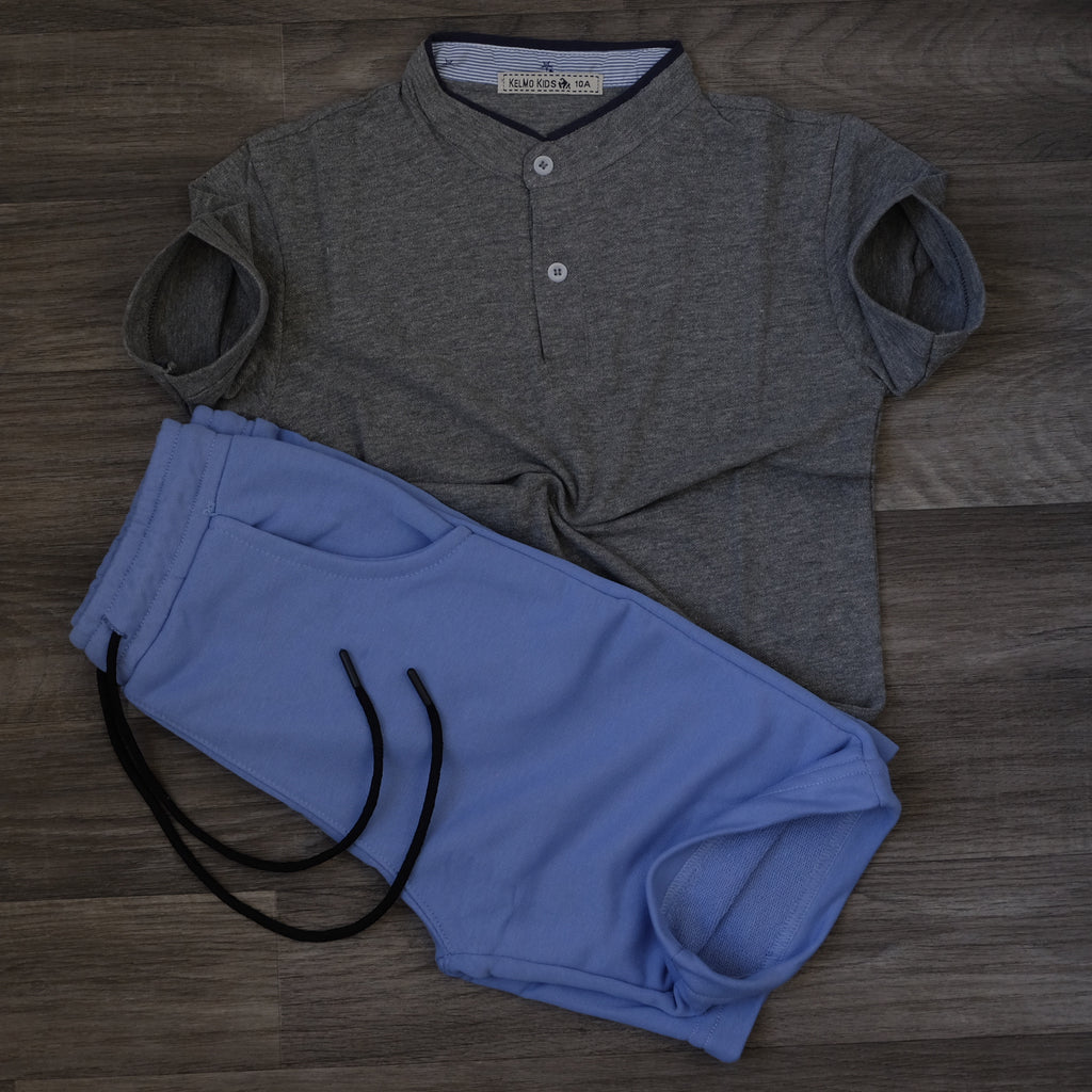 Ensemble Enfant Polo Gris Chiné et Short Jogging Bleu Ciel