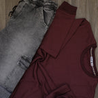 Ensemble Cargo Jeans Délavé Gris + Sweat Grenat