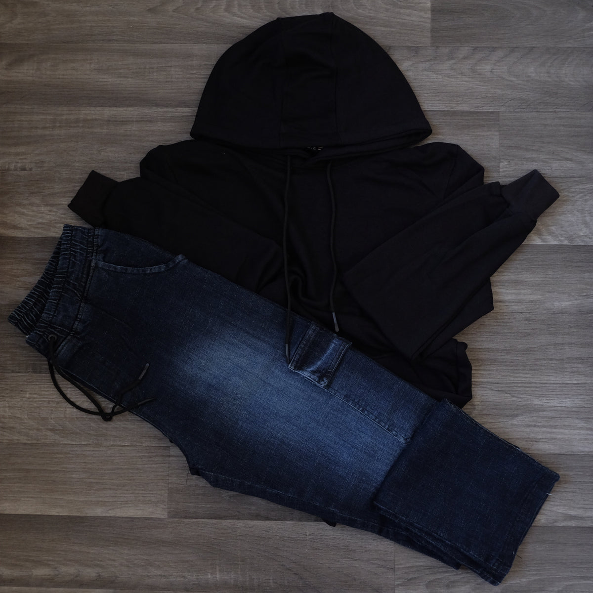 Ensemble Cargo Jeans Droit Bleu + Capuche Cotton Noir