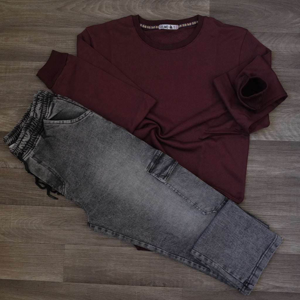 Ensemble Cargo Jeans Délavé Gris + Sweat Grenat