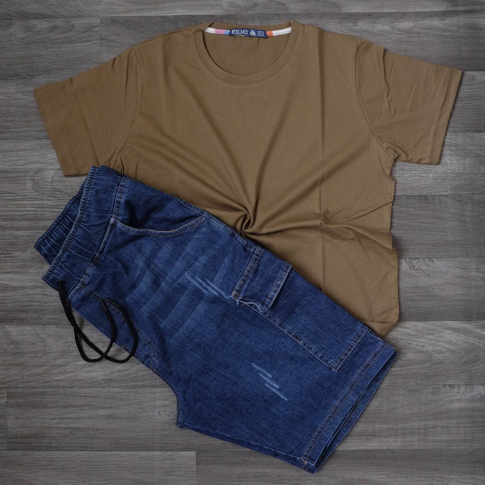 Ensemble T-shirt Camel et Short Jean Cargo Bleu Indigo