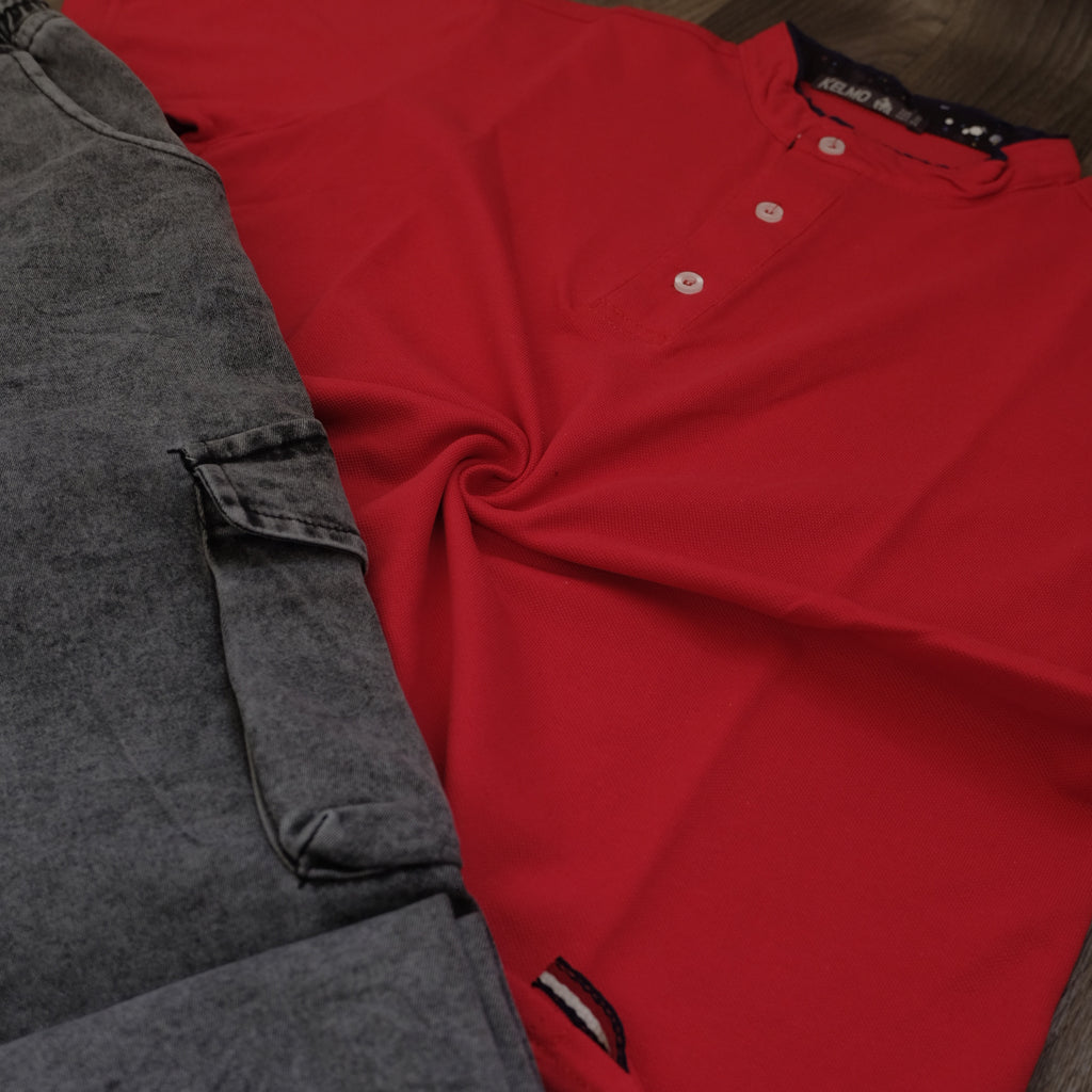 Ensemble Polo Rouge et Jean Gris Délavé