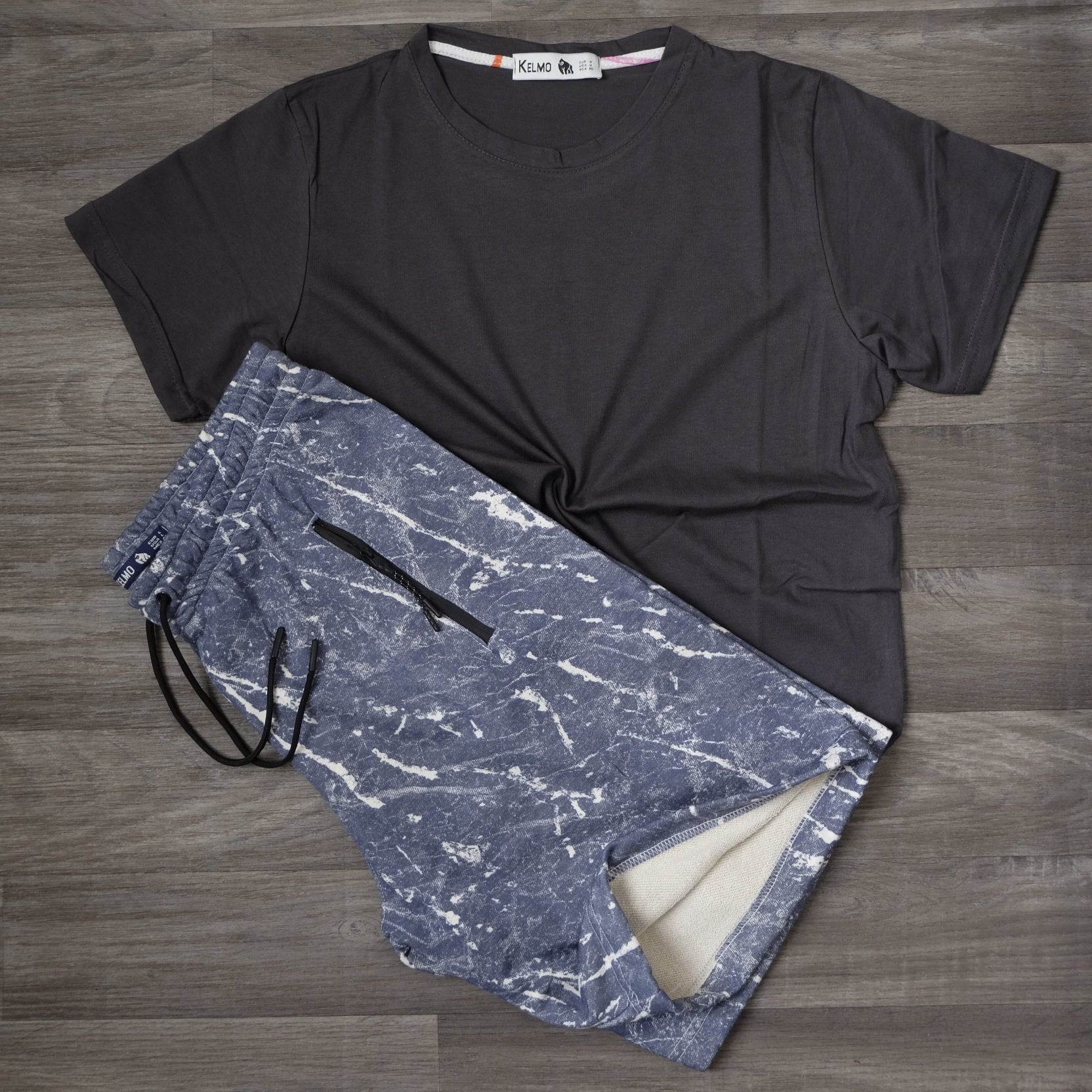 Ensemble T-shirt Gris Anthracite et Short Imprimé Marbre Bleu Marine