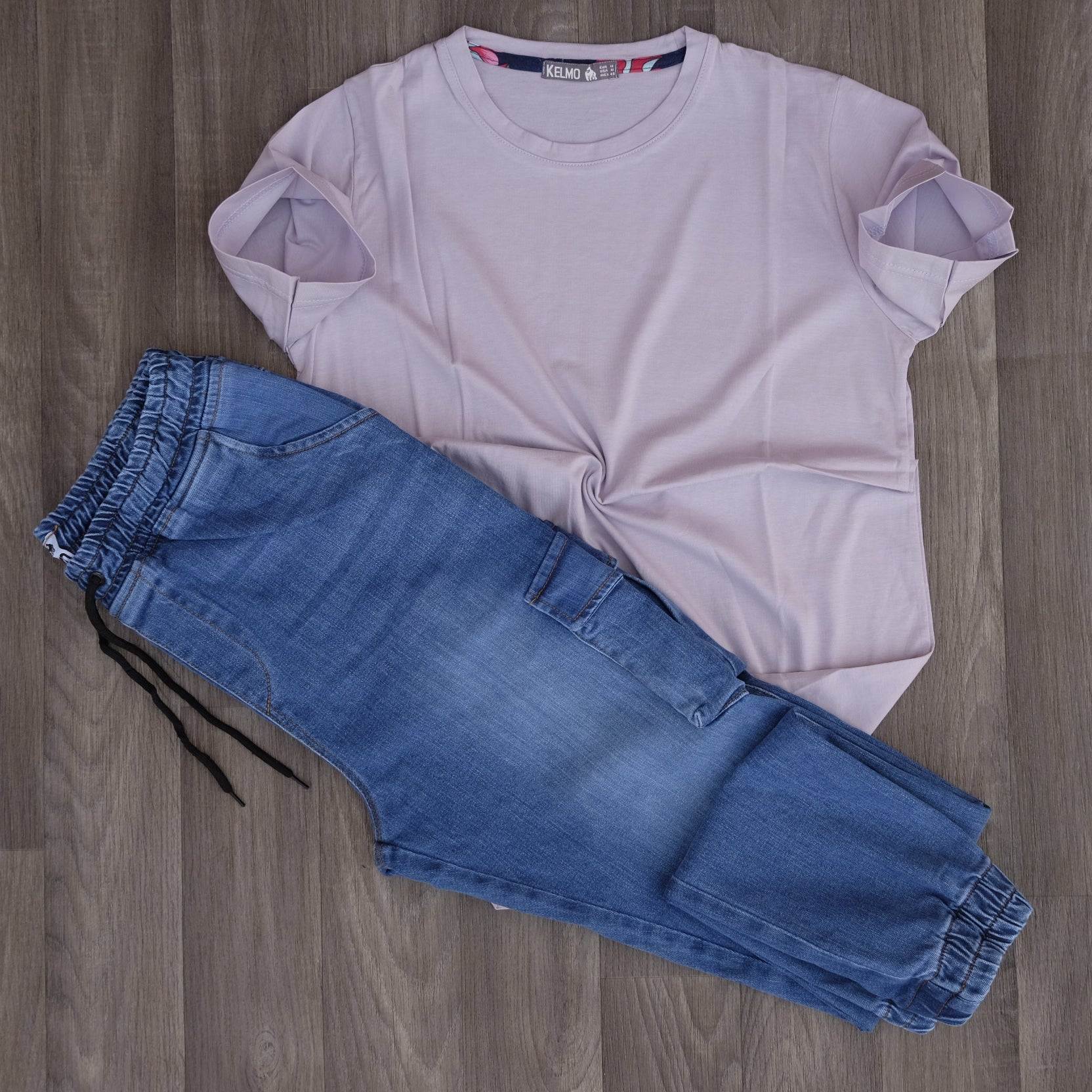 Ensemble T-shirt Mauve et Jean Cargo Délavé Bleu