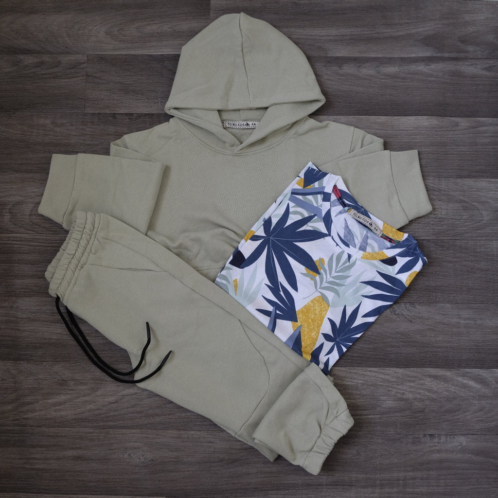 Ensemble Enfant 3 Pièces Survêtement à Capuche Vert Sauge + T-Shirt Imprimé Tropical