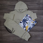 Ensemble Enfant 3 Pièces Survêtement à Capuche Vert Sauge + T-Shirt Imprimé Tropical