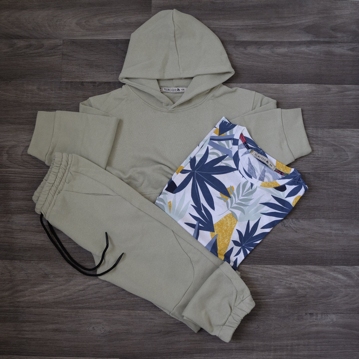 Ensemble Enfant 3 Pièces Survêtement à Capuche Vert Sauge + T-Shirt Imprimé Tropical