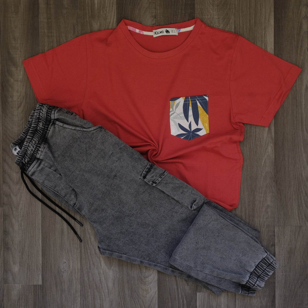 Ensemble T-shirt Rouge Hawaï et Jean Gris Délavé