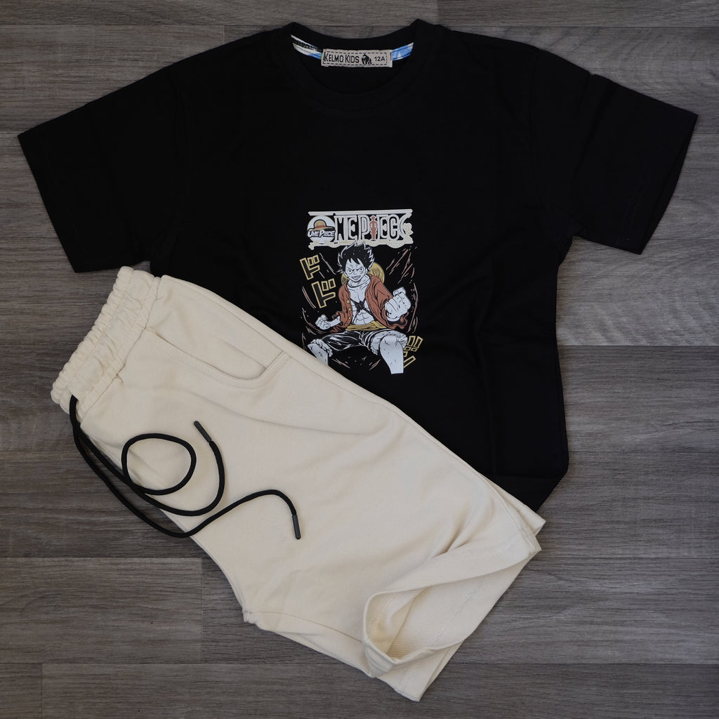 Ensemble Enfant T-shirt Noir Imprimé et Short Jogging Beige