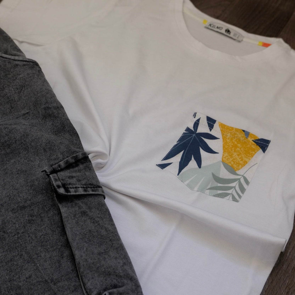 Ensemble T-shirt Blanc Hawaï et Jean Gris Délavé