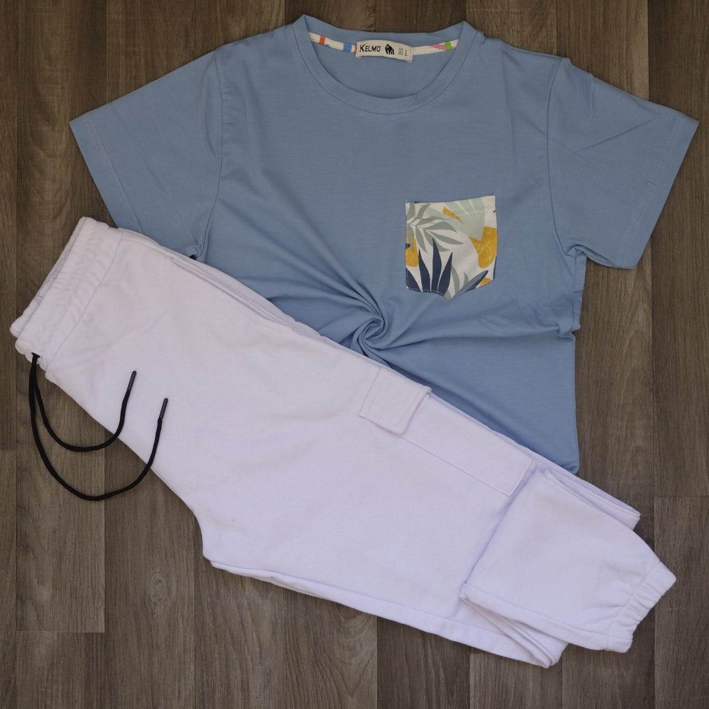 Ensemble T-shirt Bleu Ciel Hawaï et Jogging Cargo Blanc