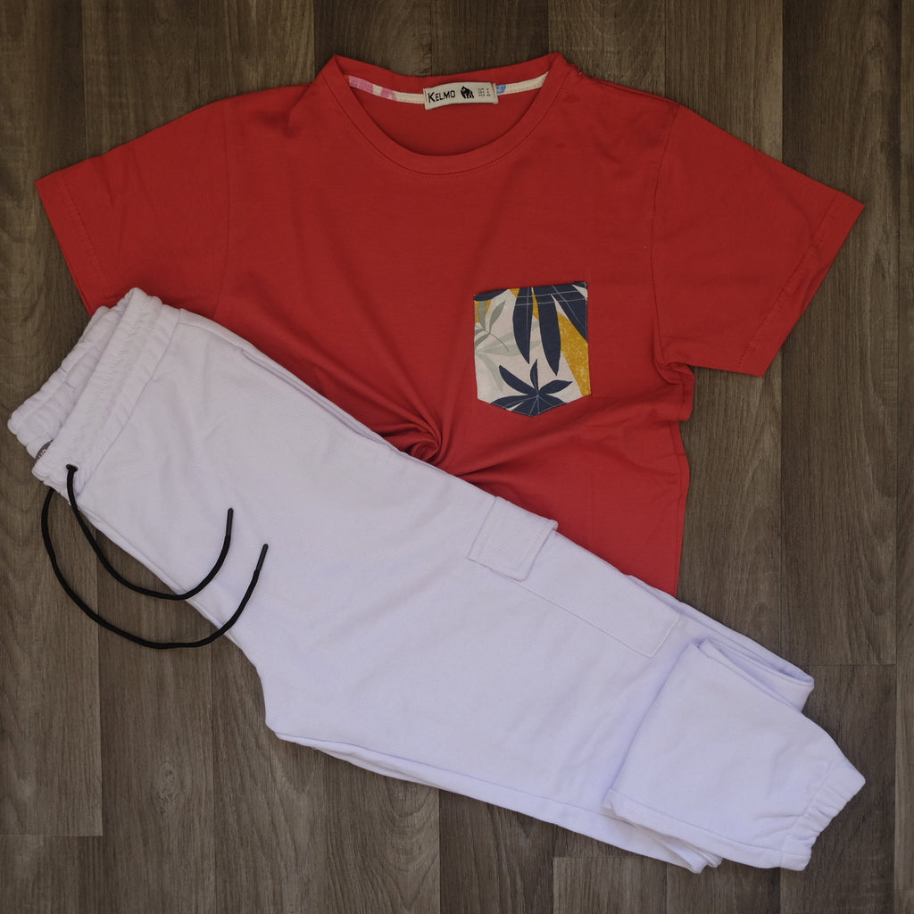 Ensemble T-shirt Rouge Hawaï et Jogging Cargo Blanc