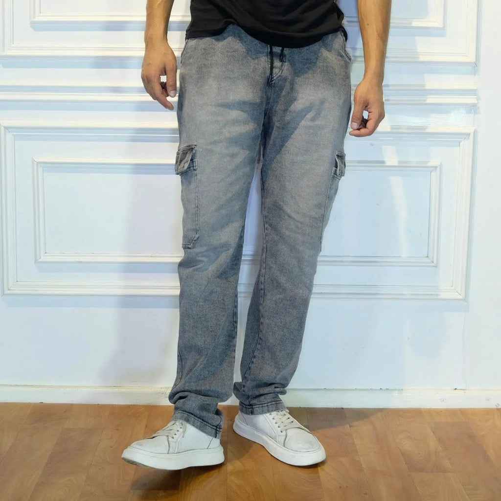 Pantalon Jean Cargo Délavé Gris Straight