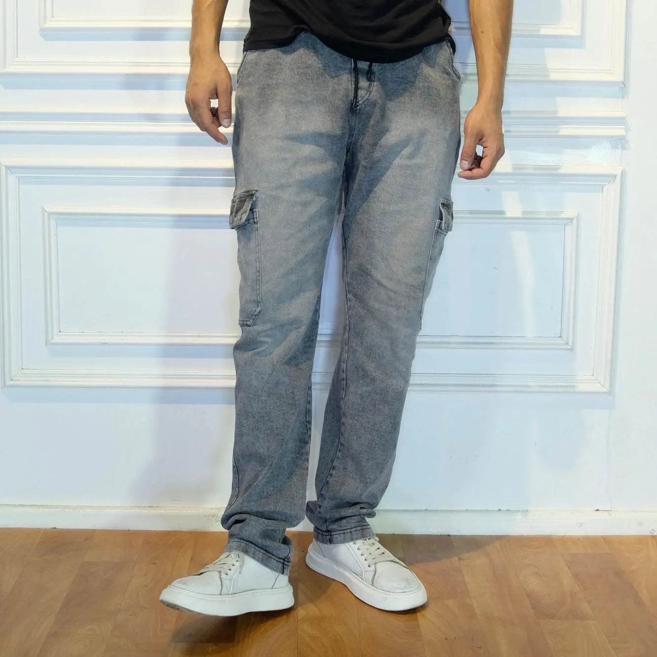 Pantalon Jean Cargo Délavé Gris Straight