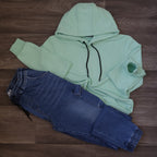 Ensemble Cargo Jeans Délavé Bleu + Capuche Cotton Vert Menthe