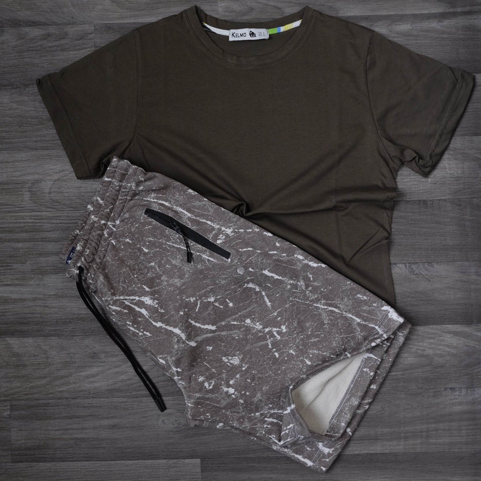 Ensemble T-shirt Kaki et Short Imprimé Marbre Kaki/Beige