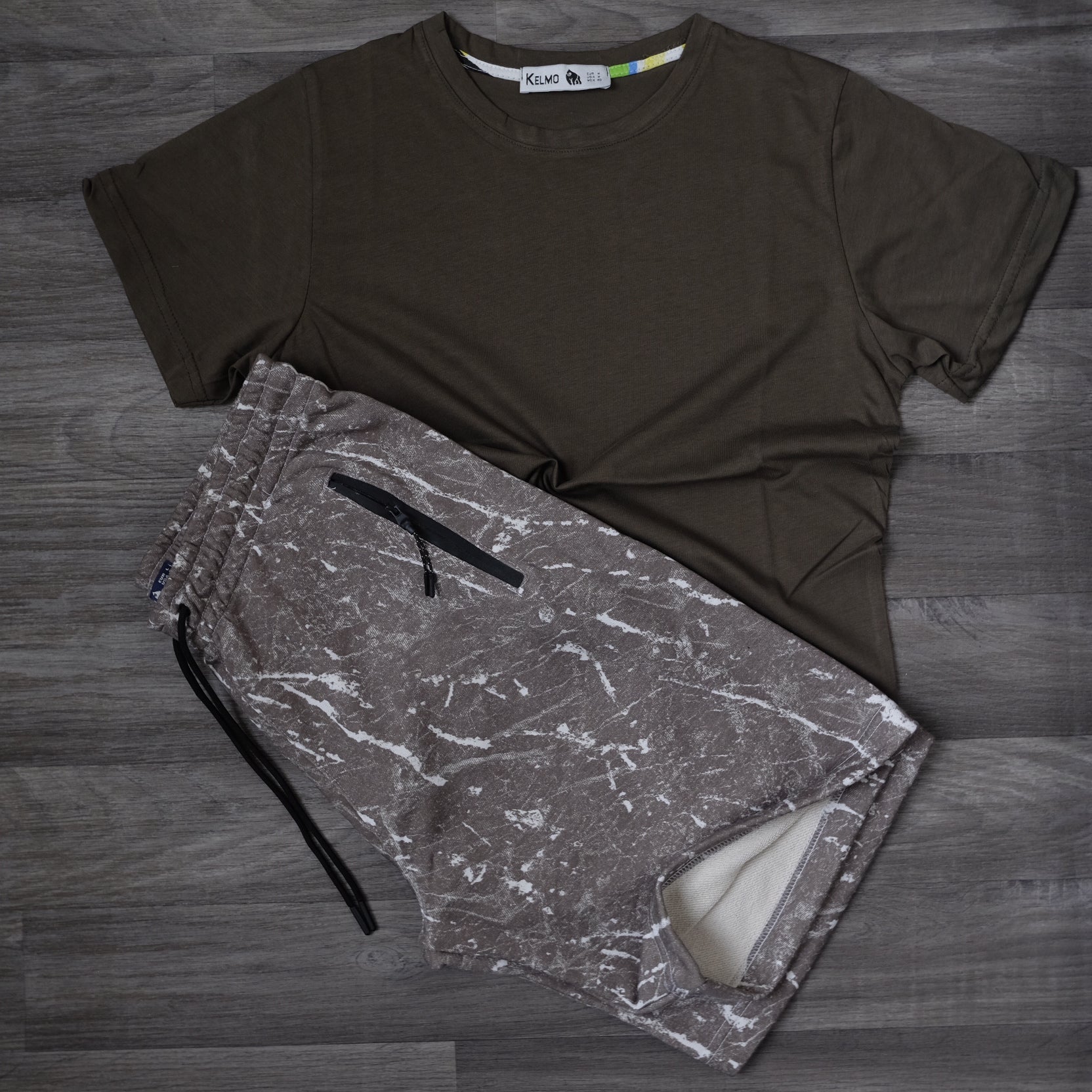 Ensemble T-shirt Kaki et Short Imprimé Marbre Kaki/Beige