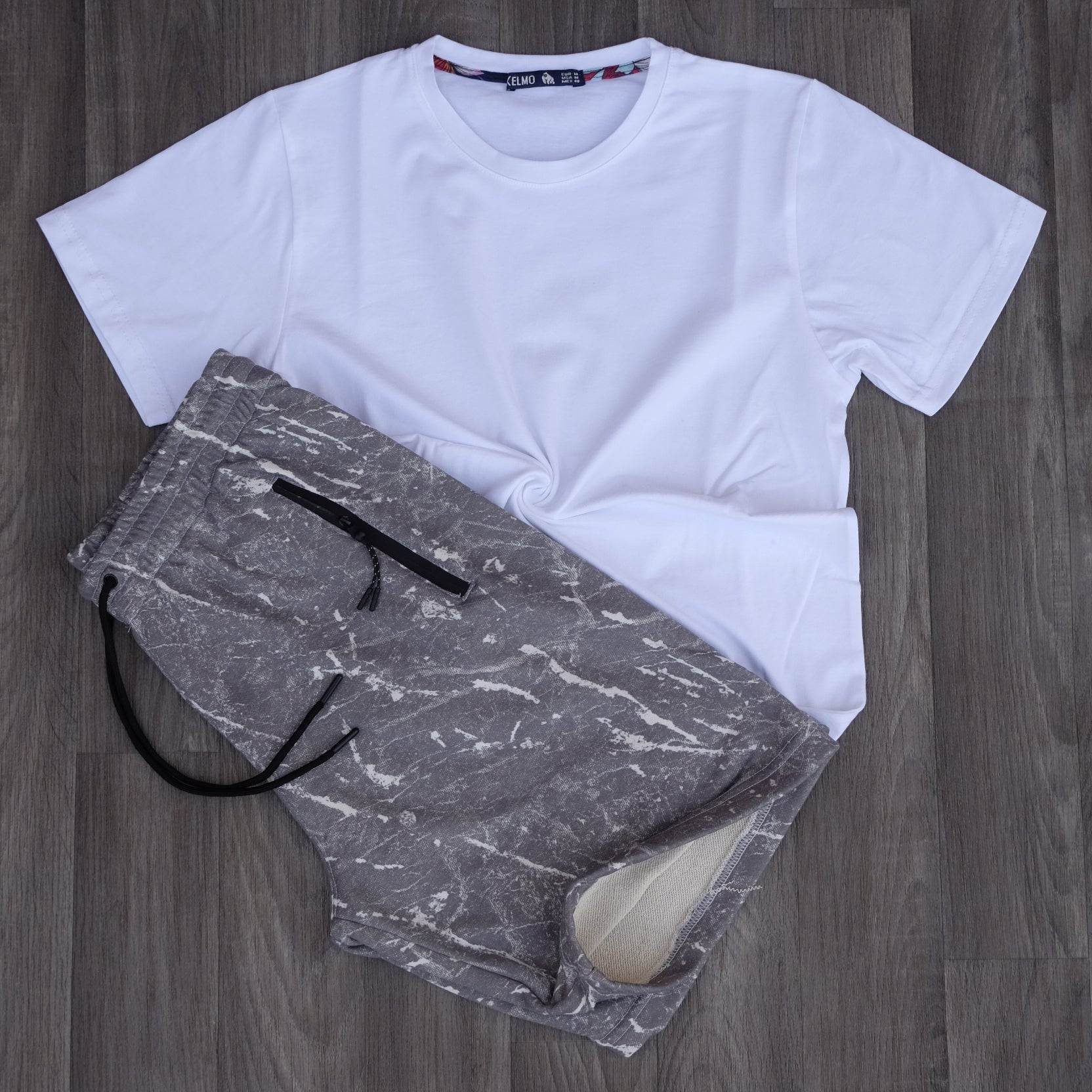 Ensemble T-shirt Blanc et Short Imprimé Marbre Gris