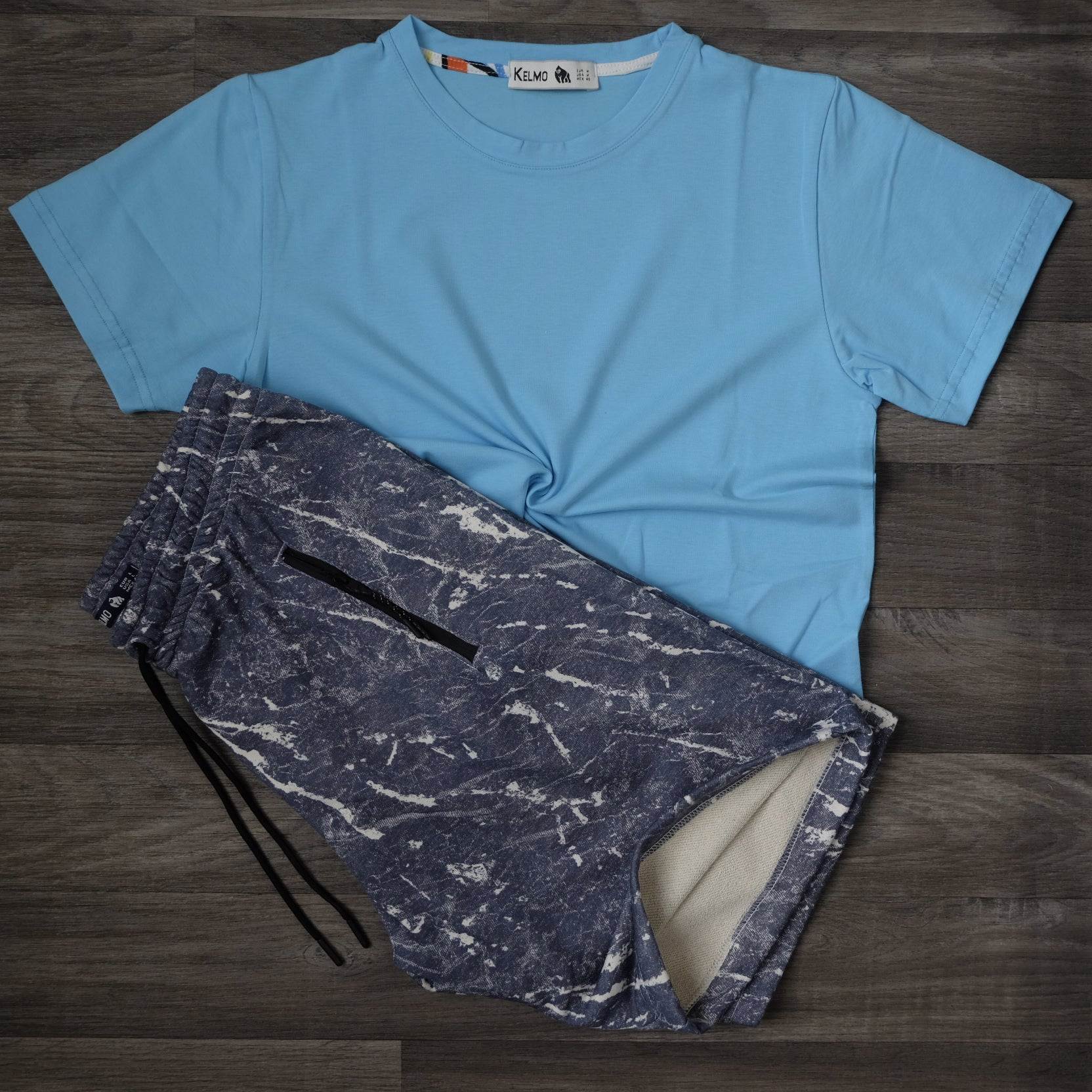Ensemble T-shirt Bleu Ciel et Short Imprimé Marbre Bleu Marine