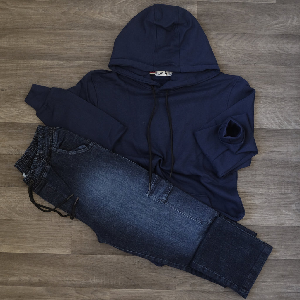 Ensemble Cargo Jeans Délavé Bleu Straight + Capuche Cotton Bleu Marine