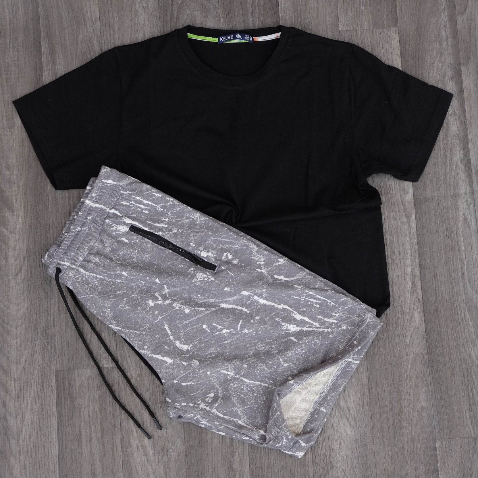 Ensemble T-Shirt Noir et Short Imprimé Marbre Gris