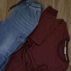 Ensemble Cargo Jeans Délavé Bleu + Sweat Grenat