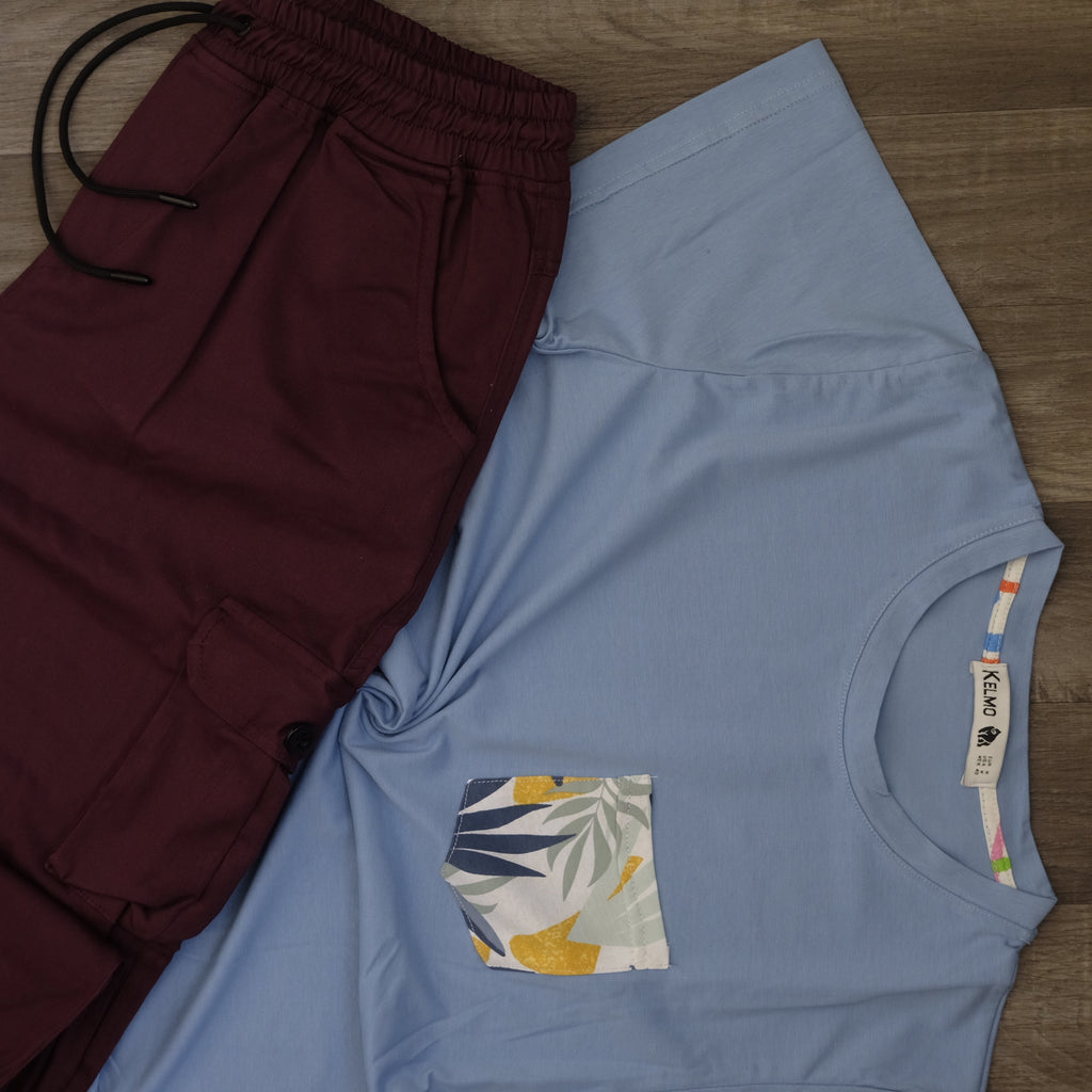 Ensemble T-shirt Bleu Ciel Hawaï et Cargo Grenat